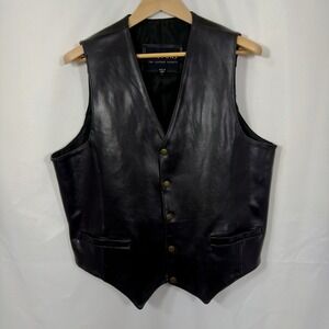 Vintage Wilsons Black Genuine Leather Vest Mens L Front Snap Western Biker